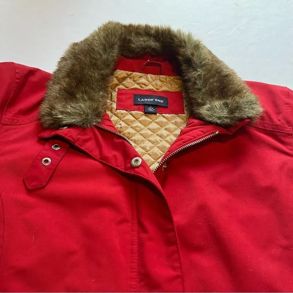 Lands' End Women's Red Winter Coat with Faux Fur Collar Lined Size M(10-12)